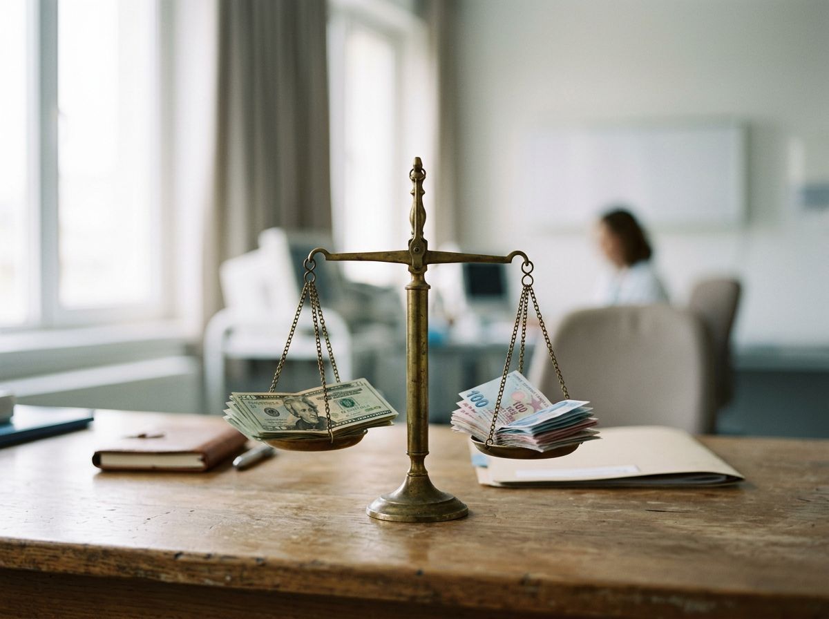 A brass balance scale on a clinic consultation desk, US dollars on one pan and Turkish lira on the other