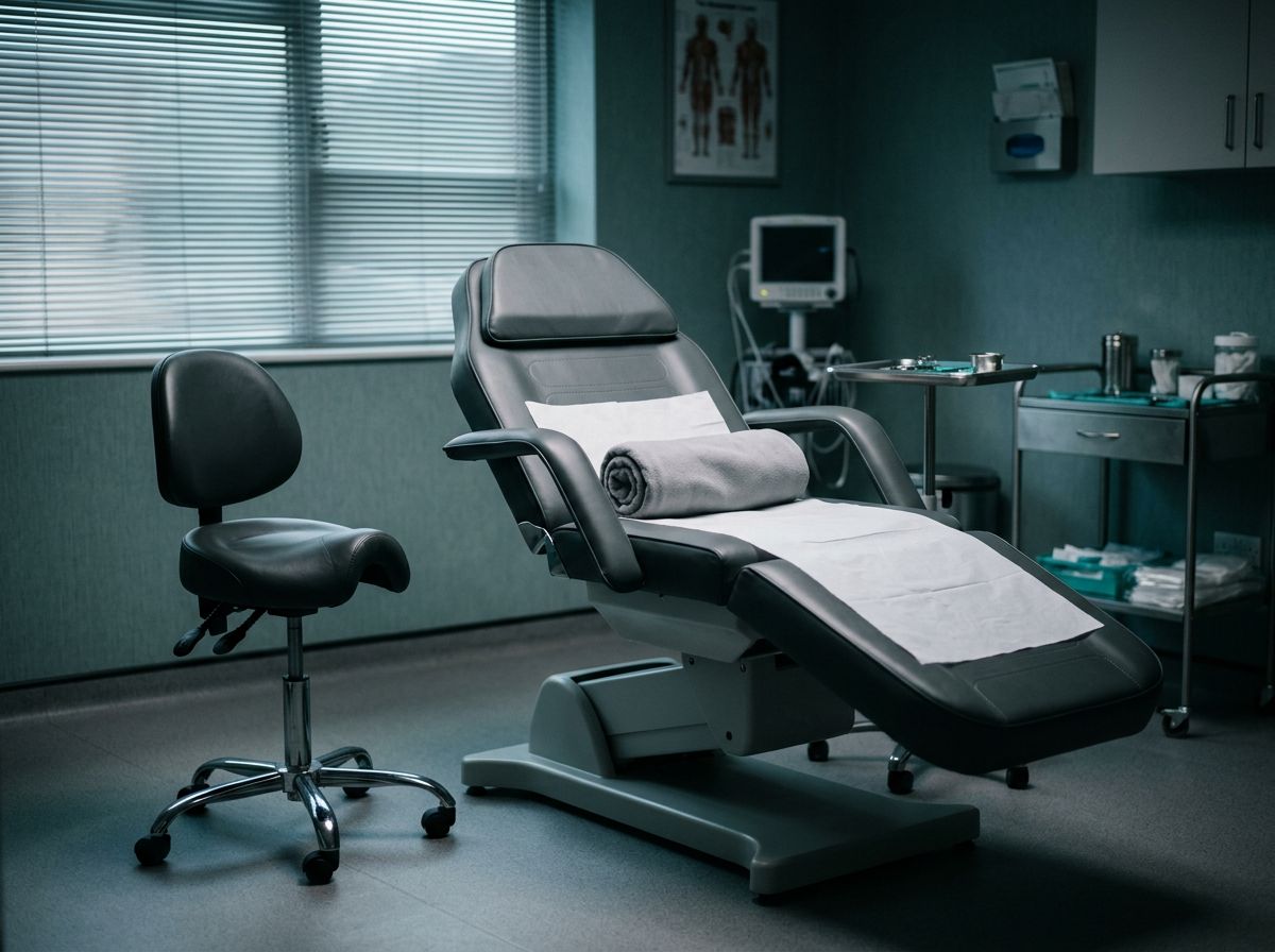 Empty surgeon's stool beside an operating chair in a dim clinic room