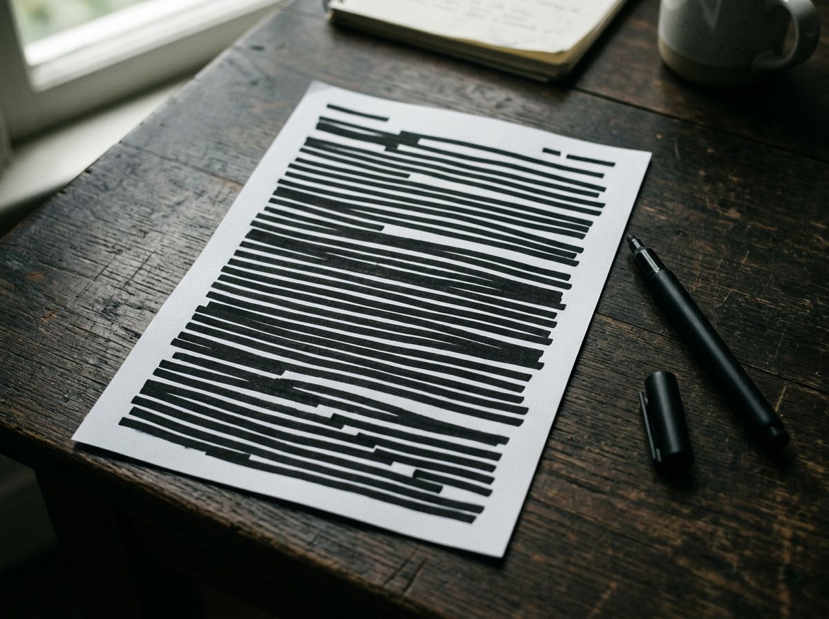 A document on a desk with every line blacked out by marker redaction, beside an open marker