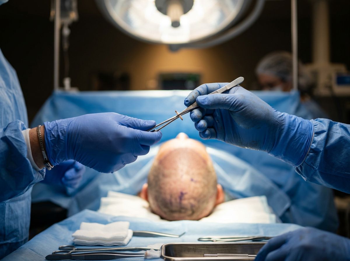 Gloved hands passing a surgical instrument across an operating table