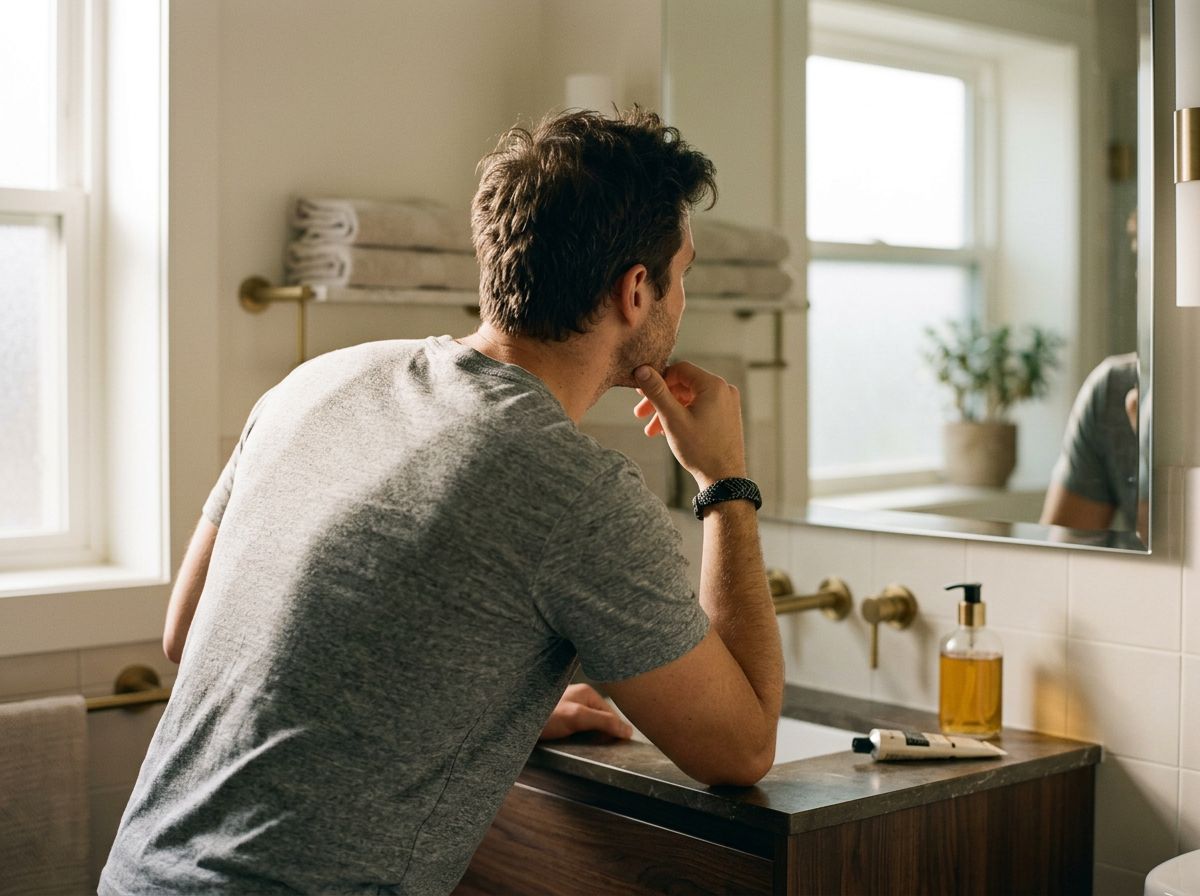A man considering his options in front of a bathroom mirror